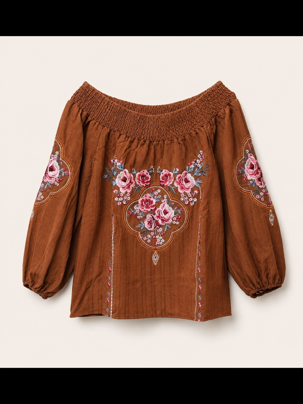 On/Off-Shoulder Brown Floral Embroidered Peasant Top - NWOT - Picture 3 of 4